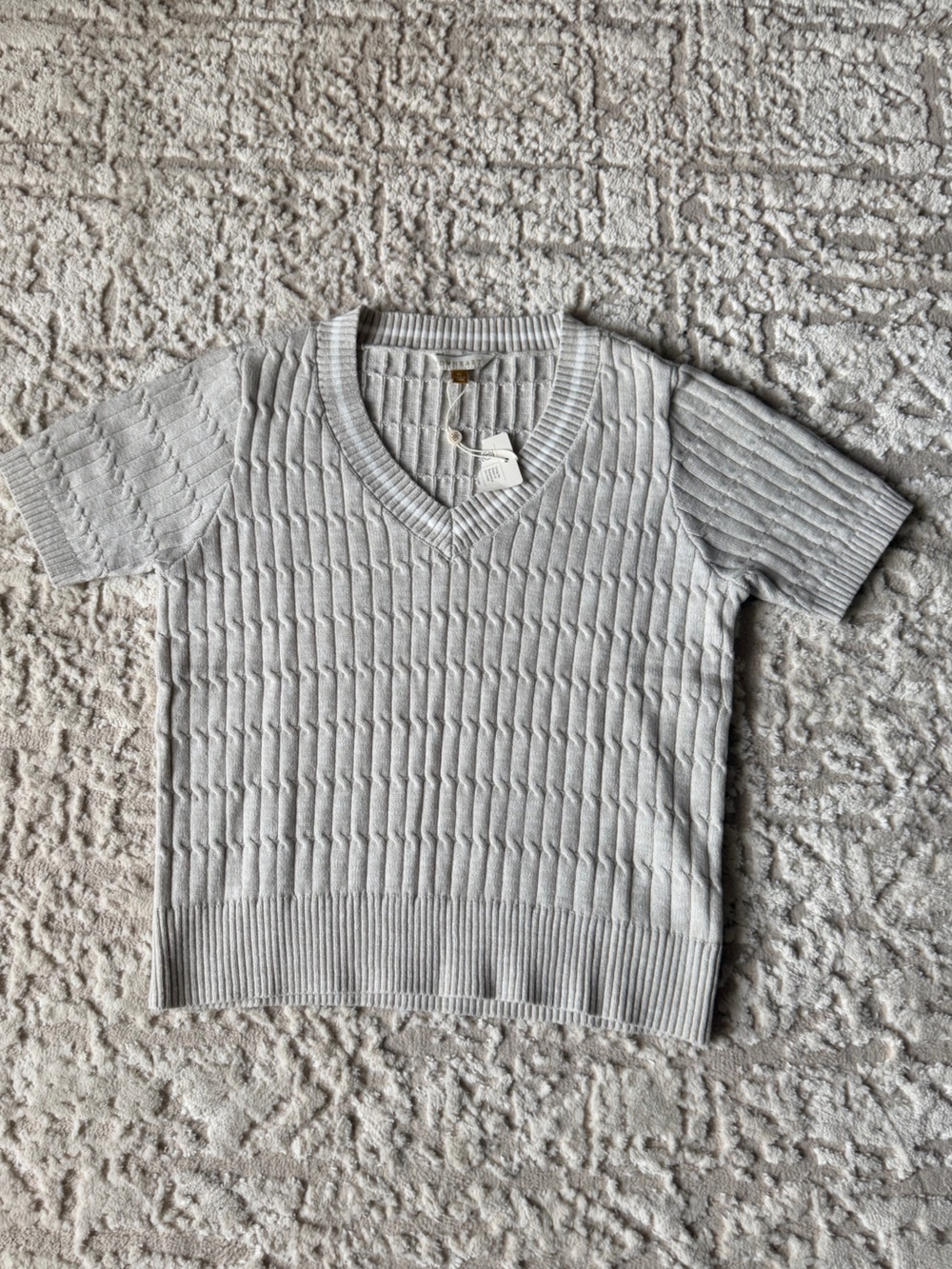 DownEast Women’s Short-Sleeve V-Neck Cable Knit Top in Cream